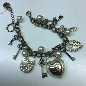 Betsey Johnson New Key, Padlock, and Pearl Charm Bracelet